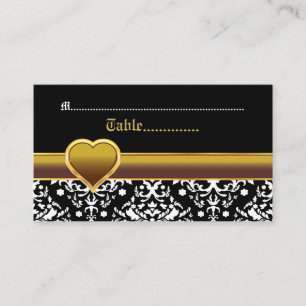 Black white damask gold heart wedding place card