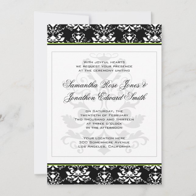 Black & White Damask Green Accent Wedding Invite (Front)