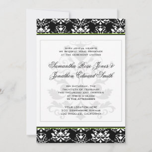 Black & White Damask Green Accent Wedding Invite