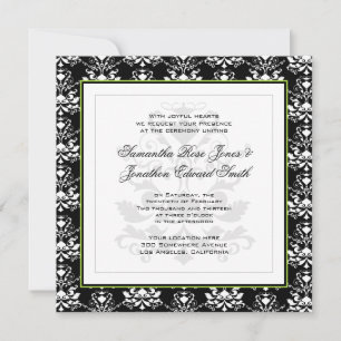 Black & White Damask Green Photo Wedding Invite