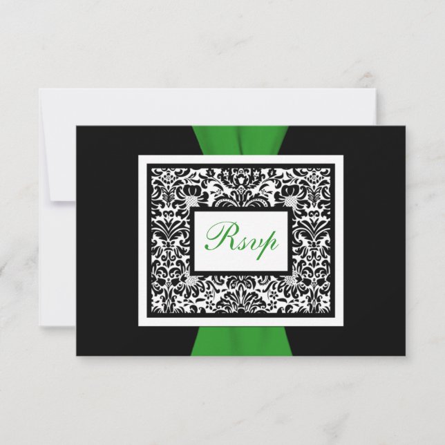 Black White Damask Green PRINTED RIBBON RSVP (Front)