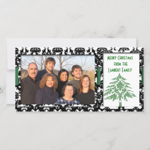 Black & White Damask Green Tree Merry Christmas Holiday Card