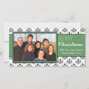 Black & White Damask Green Trim Merry Christmas Holiday Card