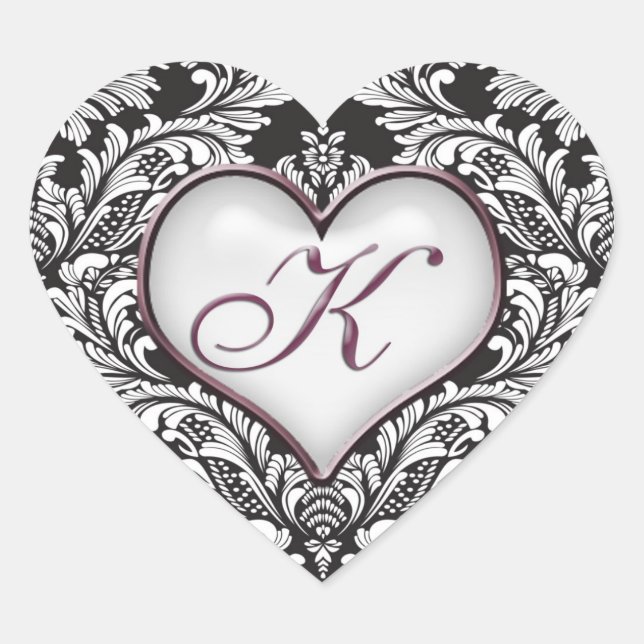 Black white damask heart Monogram letter K Sticker (Front)