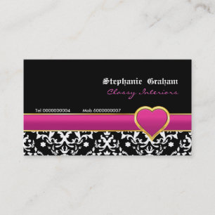 Black white damask hot pink heart business card