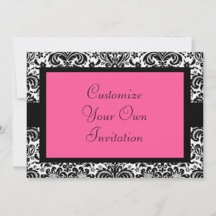 Black & White Damask, Hot Pink Invitation