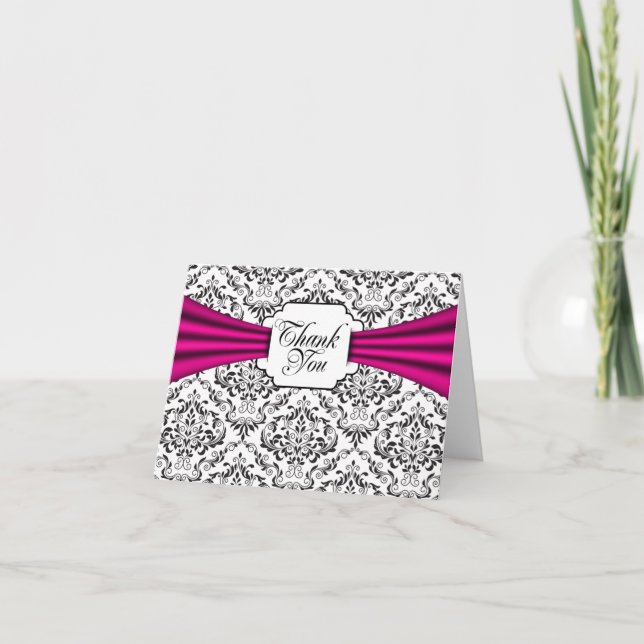 Black White Damask Hot Pink Thank You Note Cards (Front)
