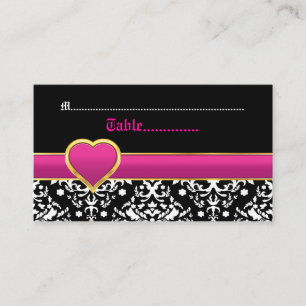 Black white damask hot pink wedding place card