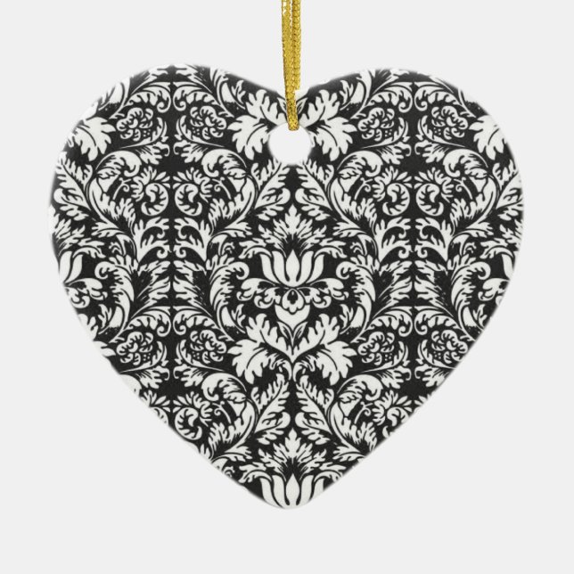 Black White Damask Lace Brocade Ceramic Ornament (Front)