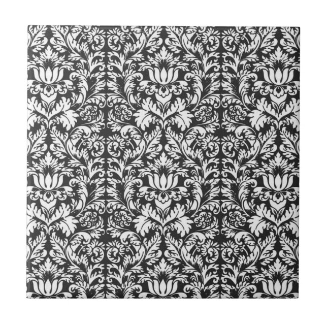 Black White Damask Lace Brocade Ceramic Tile (Front)