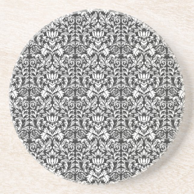 Black White Damask Lace Brocade Coaster (Front)