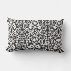 Black White Damask Lace Brocade Lumbar Cushion