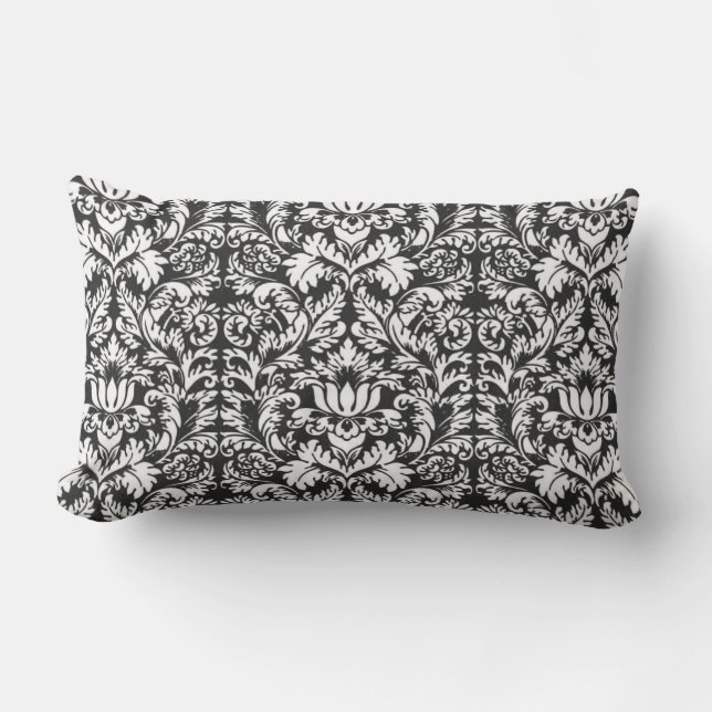Black White Damask Lace Brocade Lumbar Cushion (Front)