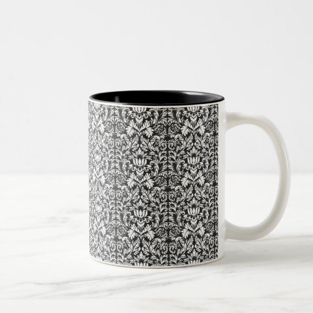 Black White Damask Lace Brocade Two-Tone Coffee Mug (Right)