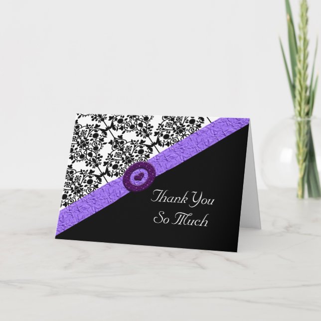 Black & White Damask Lavender Sparkle Heart Thank You Card (Front)