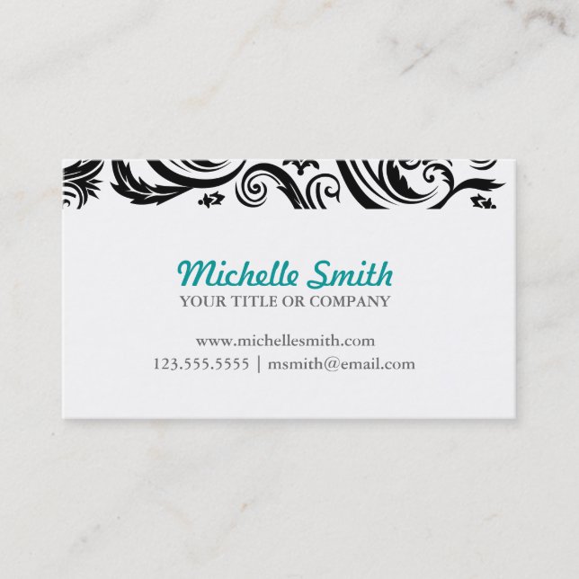 Black White Damask Monogram Business Card (Front)