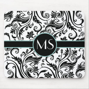 Black White Damask Monogram Mouse Pad