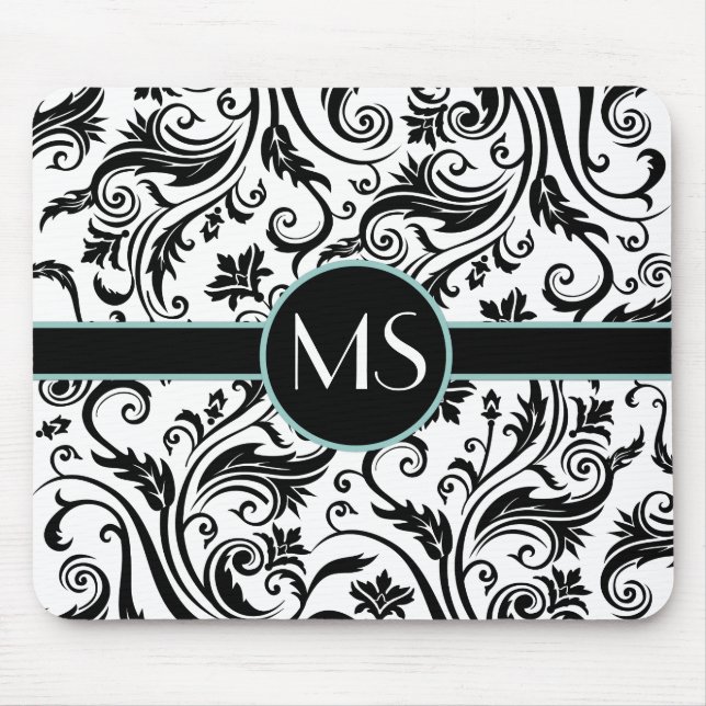 Black White Damask Monogram Mouse Pad (Front)