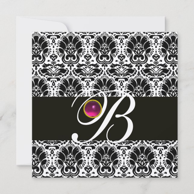 BLACK WHITE  DAMASK MONOGRAM Pink Fuchsia Amethyst Invitation (Front)