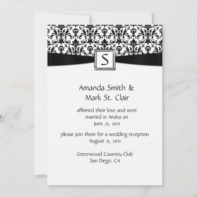 Black White Damask Monogram Post Wedding Invitation (Front)