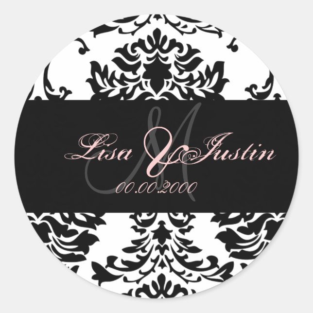 Black White Damask,  monogram stickers (Front)