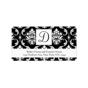 Black White Damask Monogram Wedding Address Labels