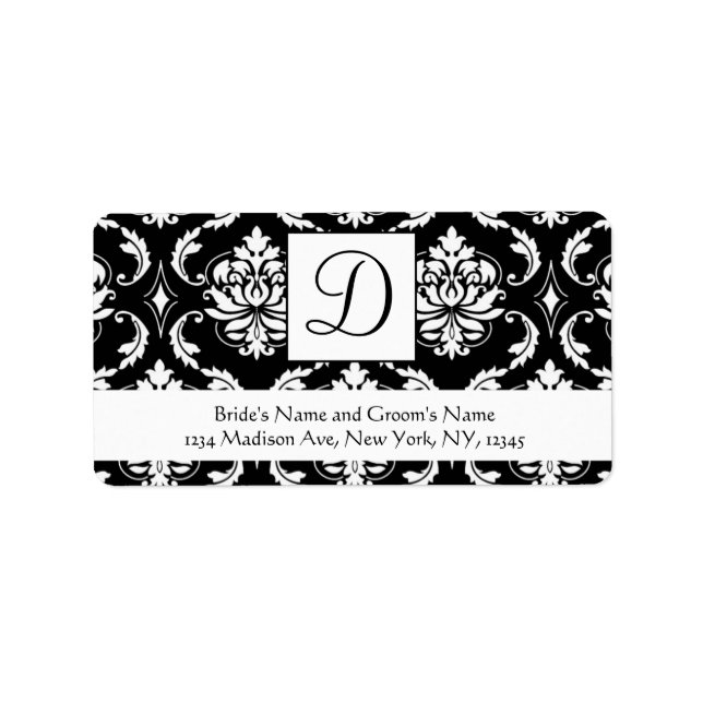 Black White Damask Monogram Wedding Address Labels (Front)