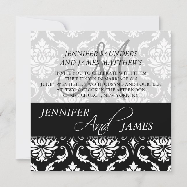 Black White Damask Monogram Wedding Invitations (Front)