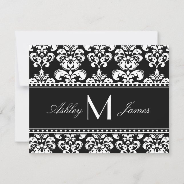 Black White Damask Monogram Wedding RSVP Cards (Front)