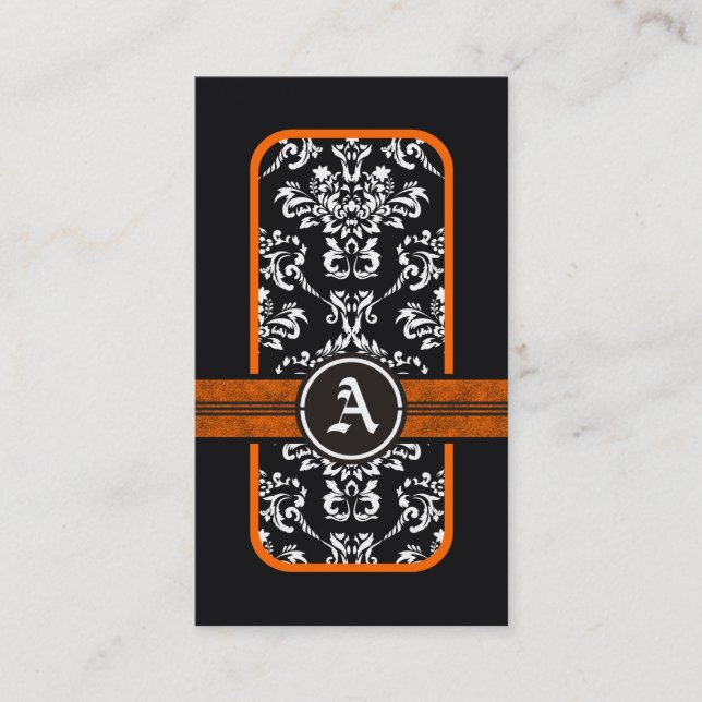 Black white damask orange band monogram business card (Front)