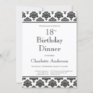 Black & White Damask Pattern 18th Birthday Dinner Invitation