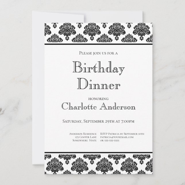 Black & White Damask Pattern Birthday Dinner Party Invitation (Front)