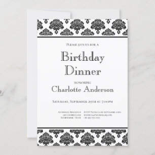 Black & White Damask Pattern Birthday Dinner Party Invitation