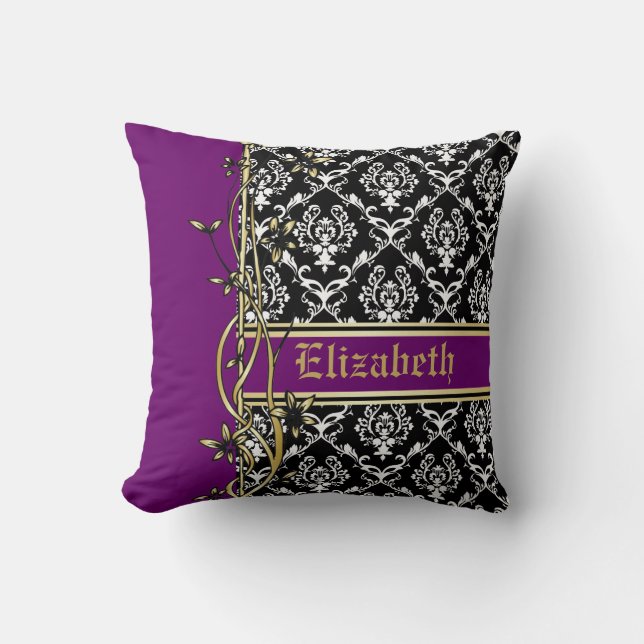 Black white damask pattern gold floral border cushion (Front)
