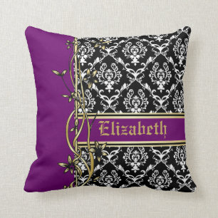 Black white damask pattern gold floral border cushion