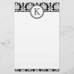Black White Damask Pattern Monogram Stationery