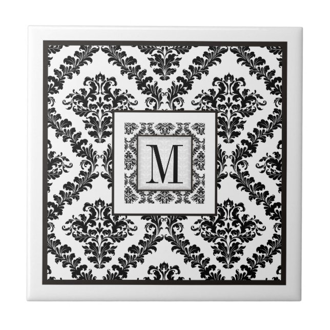 Black, white damask pattern monogram wedding ceramic tile (Front)