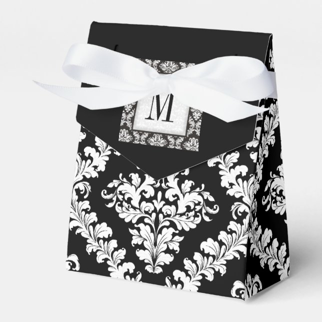 Black, white damask pattern monogram wedding favour box (Front Side)