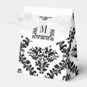 Black, white damask pattern monogram wedding favour box