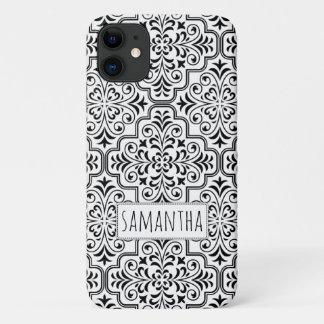 Black, white damask pattern personalised with name iPhone 11 case