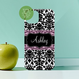 Black White Damask Pattern with pink script name iPhone 16 Case