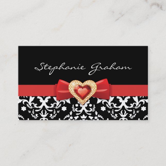 Black white damask pattern with red bow and jewel business card (Front)