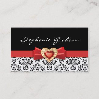 Black white damask pattern with red bow and jewel business card
