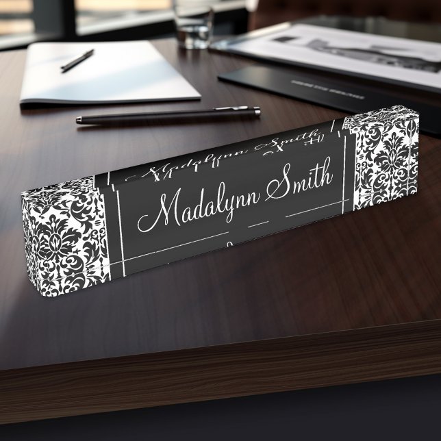 Black & White Damask Pattern with Script Name Nameplate (Personalized Name Plate for the Office, School or Home)