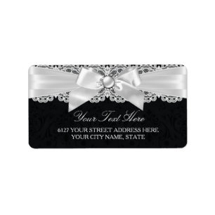 Black & White Damask & Pearl Bow Address Label