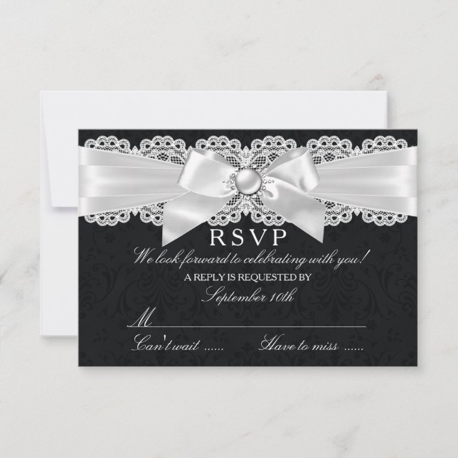 Black & White Damask & Pearl Bow RSVP (Front)