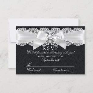 Black & White Damask & Pearl Bow RSVP Card