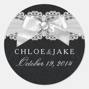 Black & White Damask & Pearl Bow Sticker