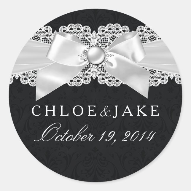 Black & White Damask & Pearl Bow Sticker (Front)