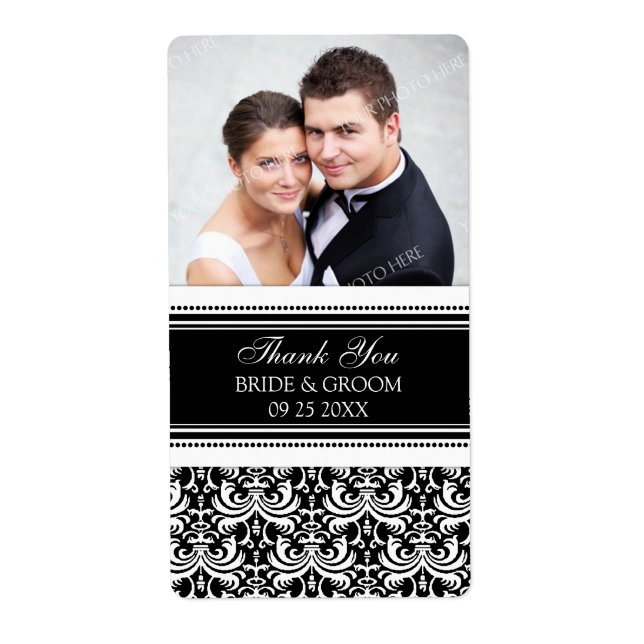 Black White Damask Photo Wedding Labels (Front)